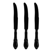 Disposable black plastic dinner knives with a classic Baroque-inspired handle, 9 inches long, sturdy and stylish; case of 480