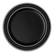 Disposable black plastic plates with silver edge detailing