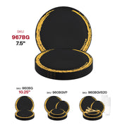 Disposable black plastic salad plates, 7.5-inch diameter with a gold moonlight design