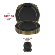 Disposable black plastic salad plates with a luxurious gold design, 7.5-inch round size, pack of 120