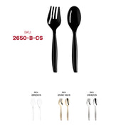 Disposable black plastic serving flatware set, offering convenience and style for easy cleanup at events