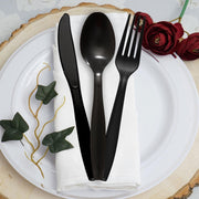 Disposable black plastic spoons, 6-inch size, sturdy and practical for catering, parties, and takeout meals.