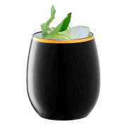 Disposable black plastic stemless wine glasses with gold details, 12 oz, lightweight yet durable, ideal for easy cleanup at parties