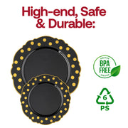 Disposable black round dinner plates featuring a gold blossom dot detail, 10.25 inches, BPA-free