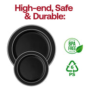 Disposable black salad plates, 7.5-inch round with silver rim, lightweight plastic, BPA-free