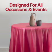 Disposable burgundy round plastic tablecloths, 84-inch size, ideal for easy cleanup at large events, bulk pack of 96.