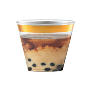 Disposable clear plastic cups with metallic gold rims, 9 oz, lightweight yet sturdy, great for easy cleanup at parties and events