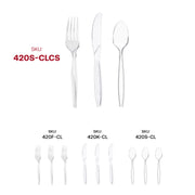Disposable clear plastic cutlery set, lightweight yet sturdy, ideal for buffets, picnics, and food service