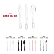 Disposable clear plastic cutlery set with Baroque design, ideal for easy cleanup at parties and celebrations
