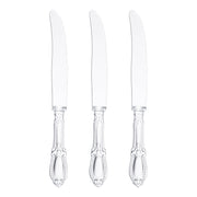 Disposable clear plastic dinner knives with a classic Baroque-inspired handle, 9 inches long, sturdy and stylish
