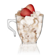 Disposable clear plastic mini coffee cups with a 2 oz. capacity, lightweight yet sturdy, great for quick cleanup at parties and events
