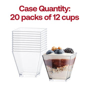 Disposable clear plastic mini verrine cube cups, 2 oz capacity, 2" x 2", perfect for portioned desserts or appetizers, 240 cups per case.