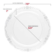 Disposable clear plastic salad plates featuring a silver vintage-inspired rim and 7.5-inch round design