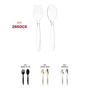 Disposable clear plastic serving flatware, lightweight yet durable, designed for easy cleanup after meals