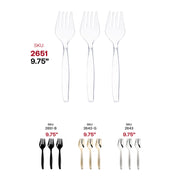 Disposable clear plastic serving forks, 9.75 inches, ideal for stress-free hosting and catering, case of 150.