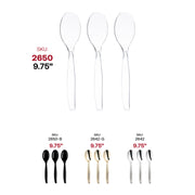 Disposable clear plastic serving spoons, 9.75 inches, ideal for stress-free hosting and catering, case of 150.