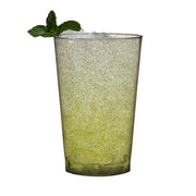 Disposable clear plastic tumblers with silver glitter, 12 oz, lightweight yet durable, offering easy cleanup at any gathering