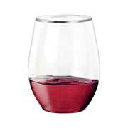 Disposable clear plastic wine glasses, 12 oz, with an elegant silver trim for hassle-free cleanup