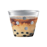 Disposable clear round plastic party cups with silver dots, sold in a 240-pack