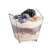 Disposable clear small square plastic cups, 2.25" x 2.25", 3.5 oz capacity, perfect for snacks or desserts, 288 cups per case.