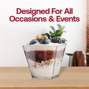 Disposable clear square mini cups with lids, 2.25" x 2.25", 3.5 oz capacity, ideal for portioned desserts or snacks, 288 cups per case.