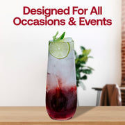 Disposable clear stemless plastic champagne flutes, 9 oz, lightweight yet sturdy, ideal for easy cleanup at events