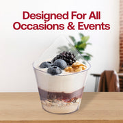 Disposable clear teardrop plastic cups, 3.75" x 2.5", 4 oz capacity, perfect for portioned beverages or desserts, 288 cups per case.
