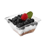 Disposable clear wave plastic soup bowls, 14 oz capacity, lightweight and perfect for hot and cold dishes
