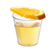 Disposable crystal clear plastic cups, 9 oz, ideal for serving drinks at parties, picnics, and events