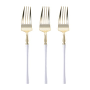 Disposable dinner forks measuring 8.4" with gold detailing and contemporary white handles, ideal for parties and formal events