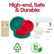Disposable dinnerware from the Feliz Navidad Set makes cleanup easy after a holiday feast.