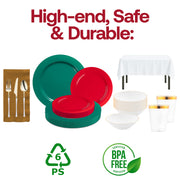 Disposable dinnerware from the Feliz Navidad Set makes cleanup easy after a holiday feast