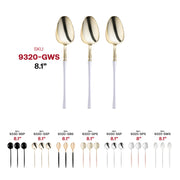 Disposable gold and white moderno plastic dinner spoons, durable and convenient, ideal for catering or events