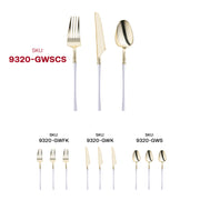 Disposable gold and white plastic cutlery set, offering convenience and a stylish touch for special occasions
