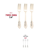 Disposable gold baroque plastic forks, 7.4 inches, case of 600 – Sturdy yet stylish cutlery with an intricate design, ideal for weddings and parties.