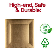 Disposable gold charger plates with a unique square edge and beaded trim, 13-inch diameter, BPA-free