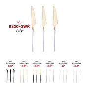 Disposable gold dinner knives with white handles, offering convenient cleanup for catered events and parties