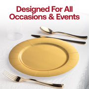 Disposable gold paper charger plates with a 13-inch round design, perfect for weddings, banquets, or celebrations