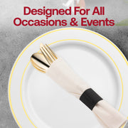 Disposable gold plastic cutlery set with white napkin rolls, designed for easy cleanup and stress-free hosting, pack of 100.