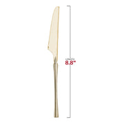 Disposable gold plastic knives, 8.8 inches, with a sleek Moderno style, ideal for weddings, parties, and catering