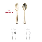 Disposable gold plastic mini flatware, lightweight yet sturdy, designed for effortless cleanup at any occasion