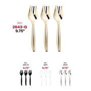 Disposable gold plastic serving forks, 9.75 inches, perfect for easy cleanup after events and catering, pack of 60.
