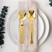 Disposable gold plastic serving spoons, 9.75 inches, ideal for stress-free hosting and catering, case of 60.