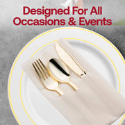 Disposable gold plastic silverware set wrapped in a crisp white pocket napkin, convenient for large celebrations.