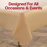 Disposable gold plastic tablecloth in a rectangular 54 x 108 size, perfect for easy cleanup after events and parties.