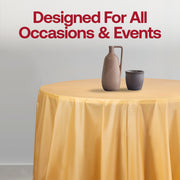 Disposable gold round plastic tablecloths, 84-inch size, great for hassle-free cleanup at large gatherings, pack of 96.