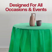 Disposable hunter green round plastic tablecloths, 84-inch size, ideal for quick cleanup at large gatherings, 96-pack.