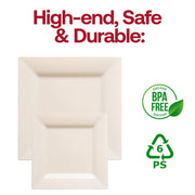 Disposable ivory plastic plates for cakes and desserts, 6.5-inch square design, BPA-free