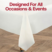 Disposable ivory plastic tablecloth in a rectangular 54 x 108 size, ideal for easy cleanup after events and parties.