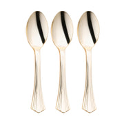 Disposable metallic gold plastic spoons with a grooved handle, 6.25 inches long, sturdy yet lightweight, pack of 600